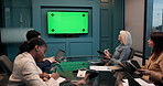 Business, team or green screen in office for presentation, information or workshop. Virtual meeting, monitor or finance department in boardroom for webinar, conference or report on chroma key display