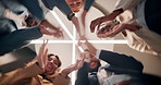 office, people and clapping hands  from below for team building and collaboration with smile. Employees, congratulations and happy on portrait for solidarity, teamwork and partnership on pov