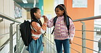 High five, children and friends with walking, smile and backpack for together on campus or academy. Students, support and happy for education, development and scholarship in learning, trust or school