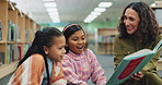 Children, woman and library for reading, development and education with story book, learning and fun. Teacher, kids and knowledge for growth, librarian and together for language, literature and quiet