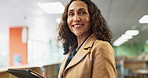 Mature woman, smile and tablet in library for education, knowledge and career in school. Child therapist, happy and portrait in book room for outsource consultation, student information and academics