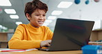 Boy, library and kid on laptop for online class, remote education and e learning with knowledge. Virtual school, development and happy student typing on technology for growth on teaching platform