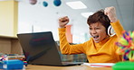 Winner, school or happy child on laptop for online class, remote education or elearning with test score success. Bonus, fist pump celebration or kid student in headphones on virtual teaching platform