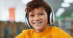 Face, library and child in headphones for online class, remote education or elearning with smile. Virtual school, portrait and happy boy student listening on headset technology on teaching platform