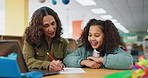 Student, tutor and library with elearning help, support and teacher with child development and growth. Writing, mentor and listening at school with education, communication and campus learning