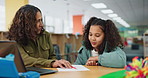 Student, mentor and library with elearning help, explain and teacher with child development and growth. Writing, tutor and listening at school with education, communication and campus learning