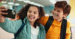 Selfie, friends and students in school, smile and happiness with memory, time together and connection. Education, girl and boy with smartphone, social media and picture to capture moment and cheerful