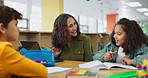 Students, tutor and library with classroom help, support and teacher with child development and growth. Writing, mentor and listening at school with education, communication and campus learning