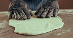 Hands, chef and shape pizza flour for baking, cooking and catering in restaurant kitchen closeup. Bread, person and kneading dough for production process, meal prep and manufacturing Italian cuisine