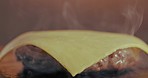 Cheese, hand and patty for burger with chef in restaurant, cooking beef for cuisine, gourmet or meal. Food, grill heat and smoke with person in kitchen for preparation of take away order closeup