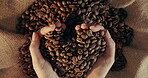 Above, hands and caffeine or coffee grains to harvest for production and supply for beverage product. Person, fresh and roasted beans for food or chocolate with natural, organic and heart shape