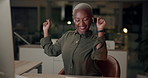 Business woman, music earphones and dancing in office with pop playlist, working overtime and computer. Employee, listen to audio and dance energy for popular song, streaming radio and pc at night