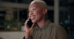 Happy, black woman or phone call at night for business, contact or chat in office. Gen z girl, tech and talking in dark for news, funny story and daily catch up with friend or partner from workplace