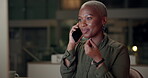 Happy, business and black woman or phone call in office at night of chat, networking and negotiation feedback. Smile, female person and mobile communication for deal news, contact and deadline advice