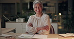 Mature woman, business and face with arms crossed at night with investment management job. Confidence, pride and office of company CEO with smile and happy from revenue report deadline with success