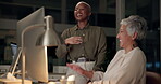 Business, people and computer with high five in office at night for success, project celebration and online deal. Happy, women and pc for bonus info, good news and promotion of deadline achievement