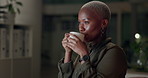 Black woman, thinking and drinking coffee at night with planning for paralegal case at law firm. Research, deadline and hot drink with professional and ideas for legal report with lawyer working