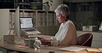 Business, woman and computer with credit card at night for online, digital asset purchase and service payment. Mature, graphic designer and internet for website hosting fees and software subscription