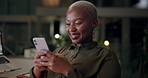 Night, smile and black woman with phone in office for company, planning and digital communication. Happy, finance broker and laughing with tech at desk for investment update, email and joke to client