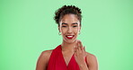 Face, woman and blow kiss on green screen for advertising valentines day, flirt gesture and love connection. Happy, female person and care emoji for date inspiration with romance on studio background