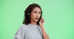 Telemarketing, headset and woman in green screen, talking and communication for customer service in banner. Consultation, smile and listening to contact, space and agent for call center in studio