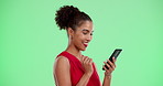 Green screen, happy and woman with phone in studio for matchmaking, platform and communication. Person, smile and option with swipe on technology for dating app, decision and online profile info