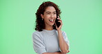 Woman, happy and phone call on green screen for chat, weekend planning and social. Gen z girl, mobile technology and smile on chroma key for conversation, communication or friendly discussion on cell