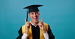 Graduate, face and applause for cheering, celebration and achievement in school or education in studio. Man, happy and clapping for university or college success as award winner on blue background