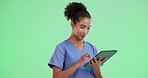 Tablet, nurse and woman on green screen in studio isolated on mockup space background. Digital technology, research and medical worker reading email for healthcare results or scroll app on chromakey