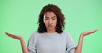 Confused, choice and woman shrug on green screen in studio isolated on background. Portrait, palm and unsure model doubt decision for options, comparison and question with hand gesture on chromakey