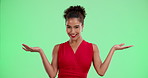 Doubt, choice and woman shrug on green screen in studio isolated on background. Portrait, question and happy model with decision for options, comparison and confused with hand gesture on chromakey