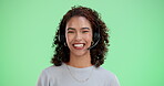 Telemarketing, headset and woman in green screen, portrait and communication for customer service in banner. Consultation, smile and listening to contact, space and agent for call center in studio
