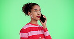 Phone call, talking and woman in green screen, upset and asking of questions to contact and angry. Banner, communication and frustrated with conversation on mobile, fight and scam of job interview