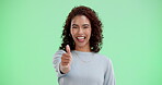 Thumbs up, smile and woman in green screen, portrait and happy for review in banner, emoji and feedback. Advertising, joy and person with hand gesture for promotion, space and yes in mockup and girl