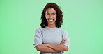 Green screen, face and woman in portrait with arms crossed, personal growth and happy for announcement. Female student, pride and patience by chromakey with smile, excited or waiting for college news