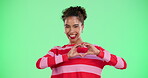 Heart hands, romance and smile of woman in studio on green screen for love or valentines day. Health, portrait or wellness and happy person with emoji gesture for affection, flirting or support
