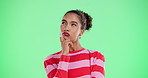 Woman, thinking and green screen in studio with idea, insight or perspective for choice by background. Person, model and confused with mockup space, solution or doubt for decision with inspiration