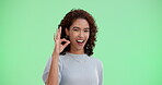 Face, woman and perfect gesture on green screen for ok sign, agreement and vote opinion of winner support. Smile, female person and thank you icon for feedback news, decision and studio background
