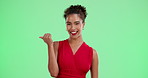 Happy woman, pointing and green screen with mockup for valentines day, advertising or marketing on studio background. Portrait of female person, model or smile in red dress for alert or notification