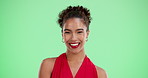 Woman, fashion and green screen in red dress with smile, face and excited with mock up space by studio. Person, model and happy with elegant style, clothes and beauty by background in Colombia