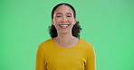 Green screen, face and woman with laugh for joke, comedy and reaction to funny gossip with humor. Chromakey, female person and positive with emoji in studio background, happiness and mockup space