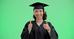 Face, green screen and woman with thumbs up, student and agreement on studio background. Portrait, person and model with hand gesture, like sign and icon for positive mindset, feedback and graduation