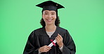 Face, happy woman or graduate with certificate on green screen isolated on studio background. Graduation, portrait or student with diploma scroll for learning or education achievement on mockup space