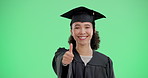 Face, green screen and woman with thumbs up, graduation and agreement on studio background. Portrait, person and model with hand gesture, like and icon for positive mindset, feedback and achievement