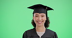 Portrait, happy woman and graduate student on green screen in studio isolated on background. Graduation hat, face and person with learning achievement, university scholarship and mockup on chroma key