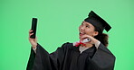 Graduation, woman and student with selfie on green screen for celebration and profile picture update with diploma. Graduate, photography or excited with certificate for education on studio background