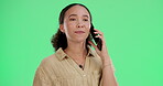 Smile, woman and talking with phone call on green screen for communication, networking and happy news of contact. Female person, mobile and online conversation, chat and internet on studio background