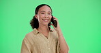 Happy, woman and talking with phone call on green screen for communication, networking and good news of contact. Female person, mobile and online conversation, chat and internet on studio background