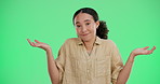 Shrug, confused and face of woman by green screen for doubt, decision or choice for university. Education, unsure and portrait of student from Brazil with dont know gesture for college by chroma key.