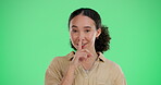 Green screen, face and woman with silence for secret, privacy and confidentiality of important information. Chromakey, female person and finger sign with reaction for shush, gossip and  whisper emoji